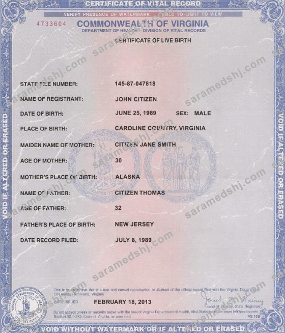 USA Virginia birth certificate
